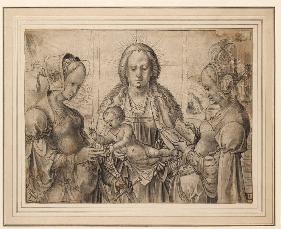 The Mystic Marriage of St Catherine | The Virgin Mary in the centre, with St Catherine on the left and St Barbara on the right, the Christ Child handing a ring to St Catherine (descriptive)