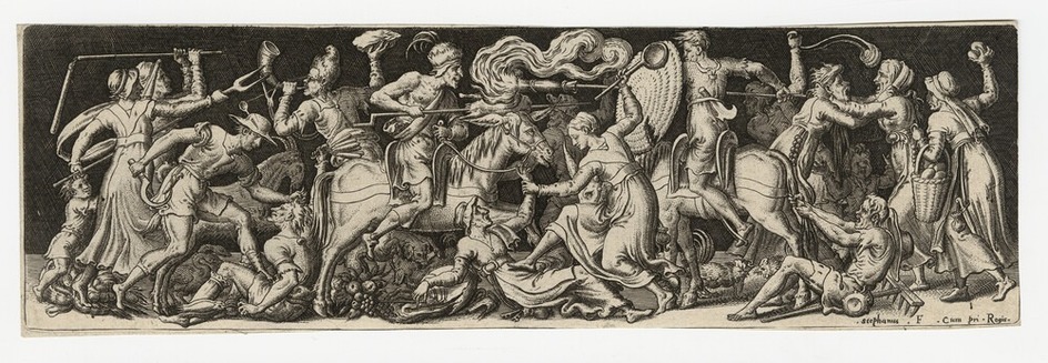 Grotesque combat: frieze on dark background with grotesque battle involving animals and peasants of both genders, with some of them riding donkeys, and fighting each other, armed with utensils