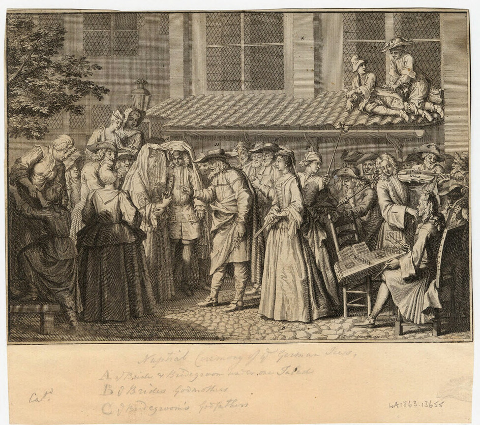 A representation of a nuptial ceremony of German Jews, with key figures such as the bride and groom, the bride's Godmother and the bride-groom's Godfather labelled