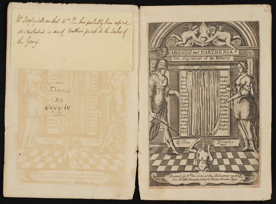 Recto: Title-page to Francis Quarles's 'Argalus and Parthenia: The Argument of the History', with two female personifications standing in a classical room, flanking a curtain covering a text, two putti above, Envy below
Verso: Portrait of Francis Quarles, half-length with shoulder-length curly hair, moustache and small beard, directed to right glancing towards the viewer, right hand outstretched holding a quill, wearing a dark coat edged with fur and fastened near the neck, a plain collar with a