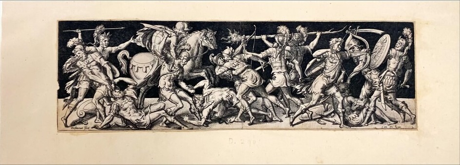 Plate 10. Frieze on dark background representing a battle between soldiers in classical armour with, in the background, a man attacking two cavalrymen with a large branch