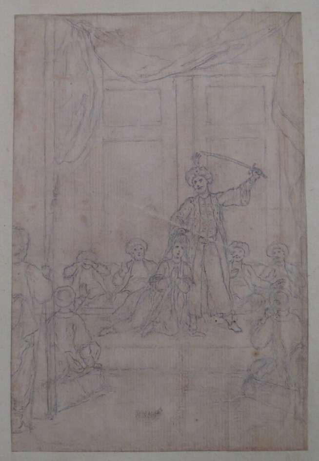 An Eastern Potentate about to behead a Woman in the presence of six seated Men
