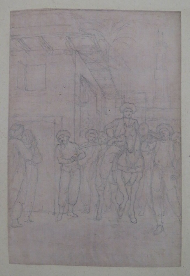 An Eastern Potentate on horseback in a City, with his Entourage behind