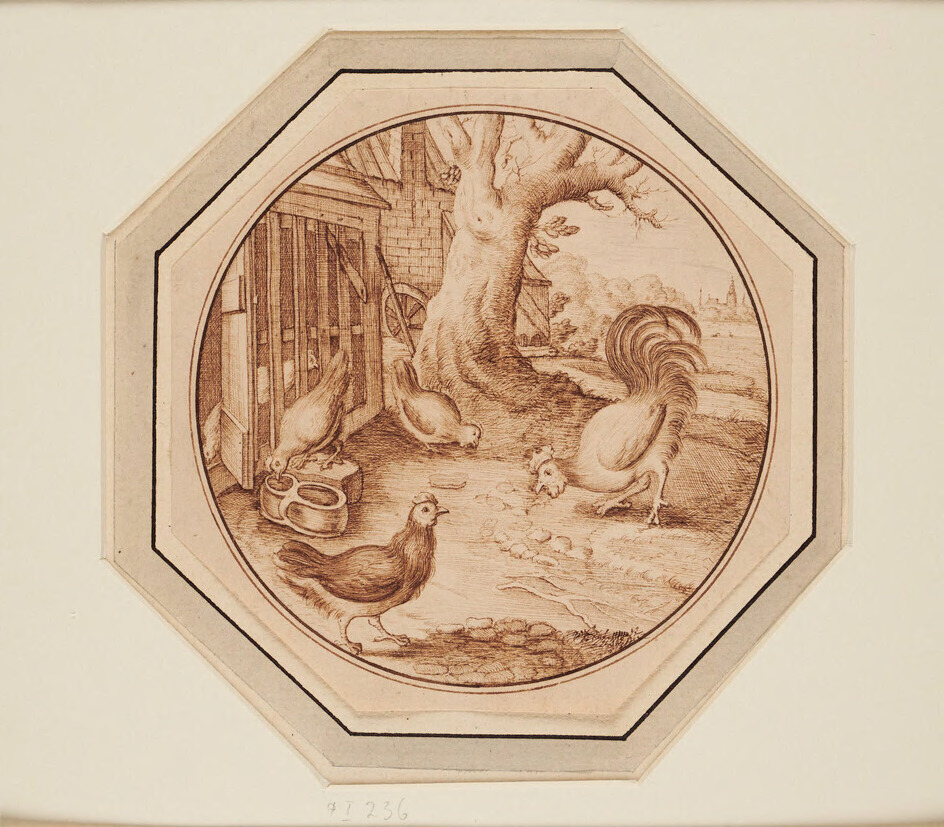 A Cock and three Hens feeding in front of a Chicken-Coop