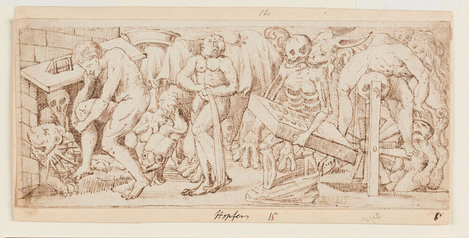 Death carrying a tombstone and visiting the wounded, surrounded by grotesque figures
