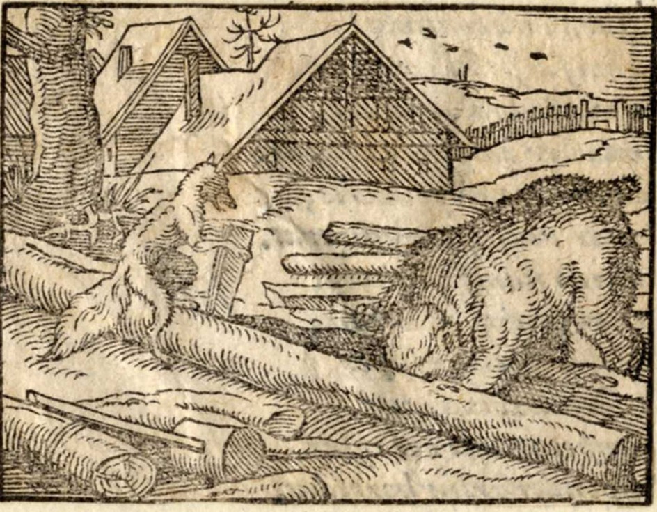 A fox convincing a bear to look for honey in a broken tree