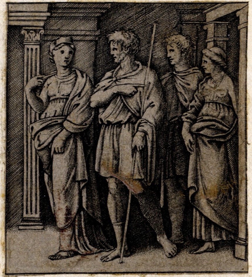 Aeneas visiting Dido, with Anchises and a courtesan (Quos Ego)