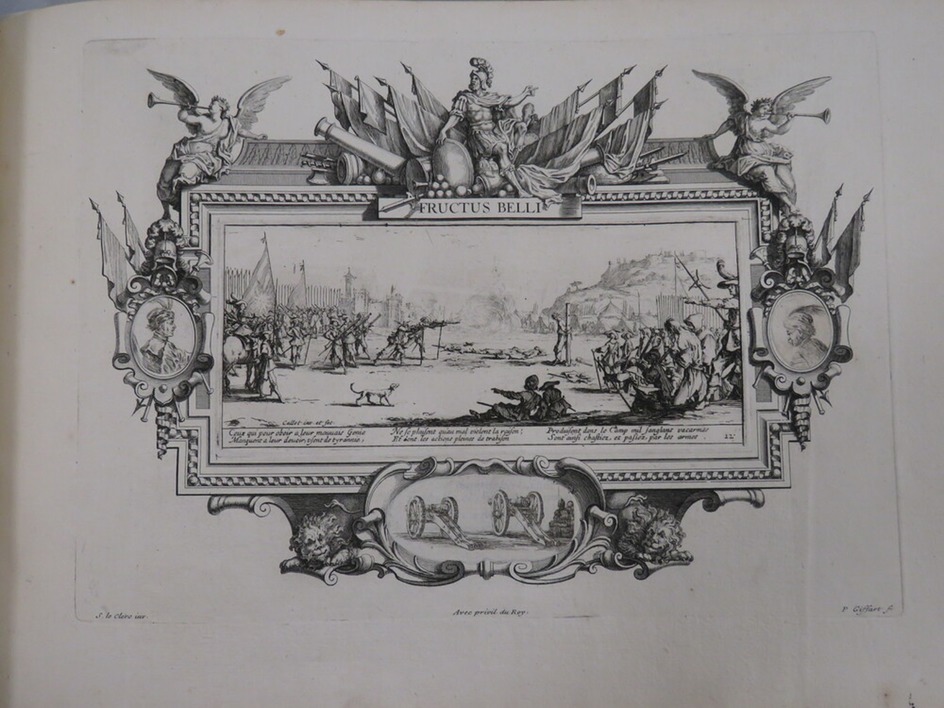 Plate 12: Central scene showing a firing squad, surrounded by an elaborate cartouche, with additional vignette showing two cannons mounted on gun carriers