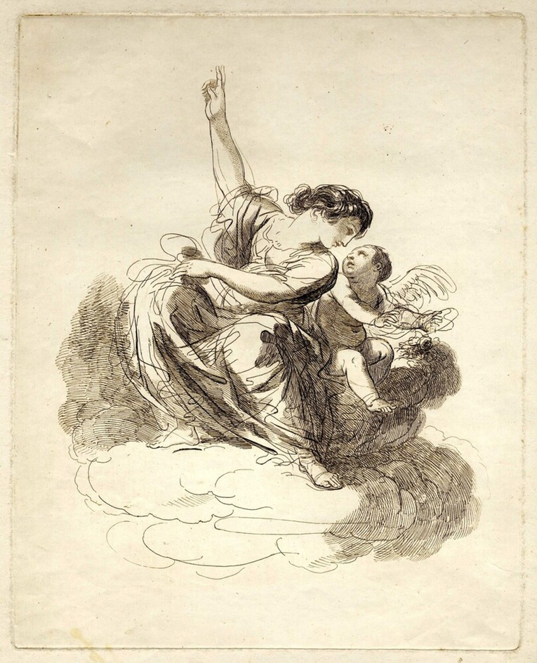 A young woman seated on a cloud with an angel