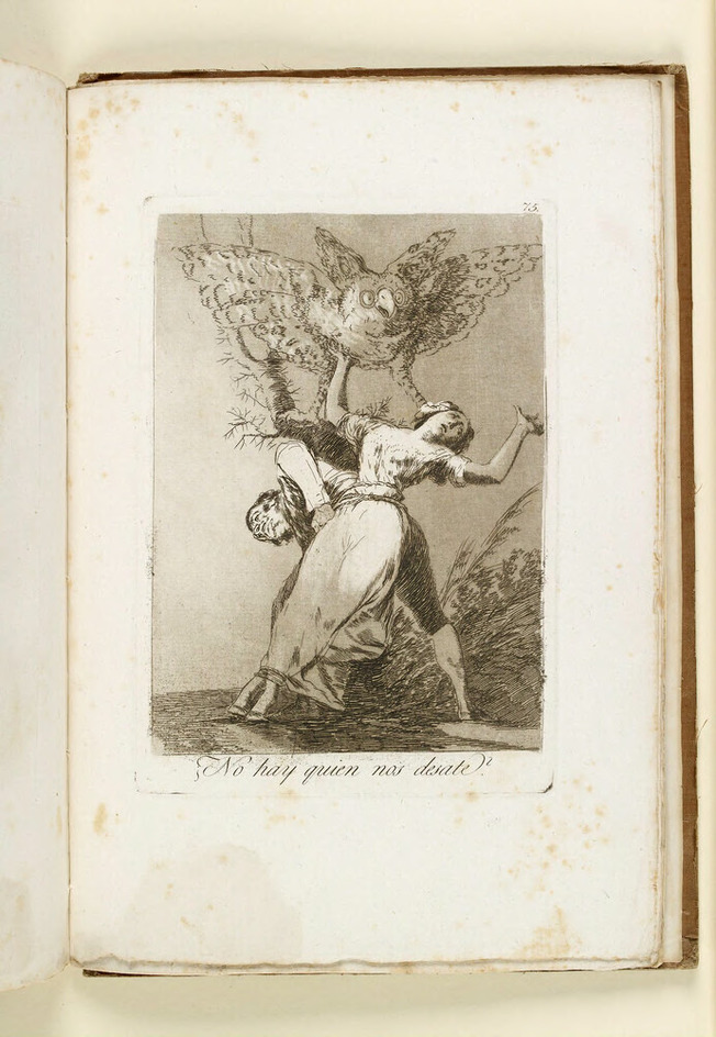 Plate 75: man and woman tied together at waist, struggling to break free, owl in air