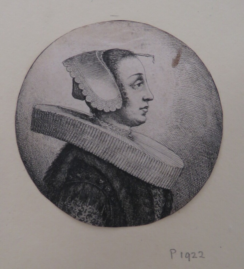 Woman with circular ruff, bonnet and hair-pin, in profile to right