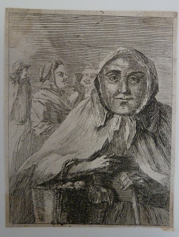 A round-faced woman with a deep basket on her arm and a walking stick, full face, with three other figures in the background