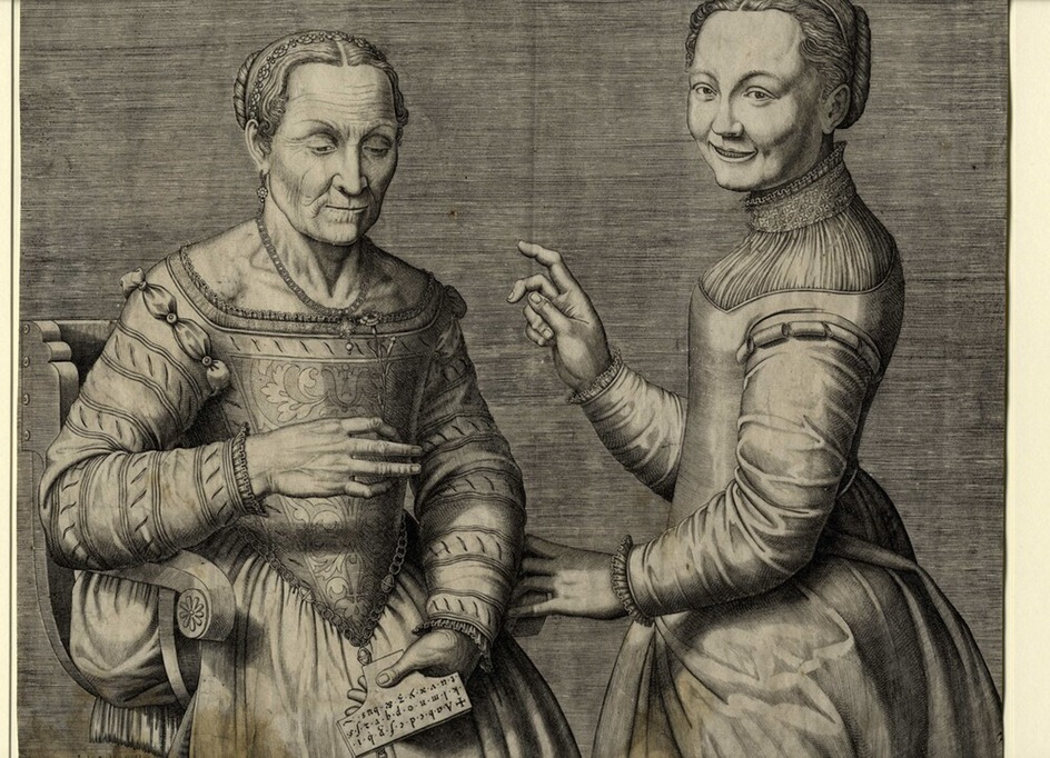 Portrait of a young and an old lady