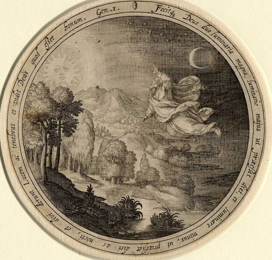 Fourth day of creation, God creates the sun, moon and stars