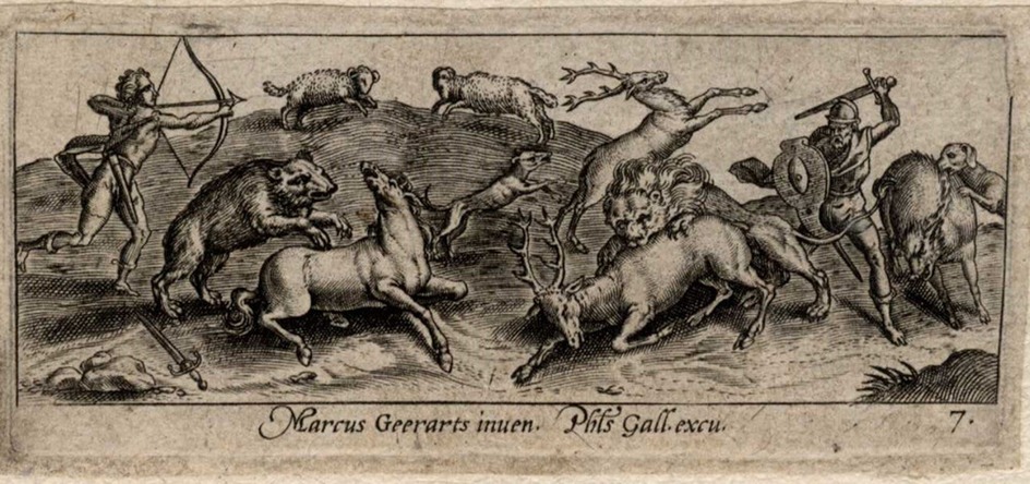 Landscape with hunters, bear, deer, lion and wild boar