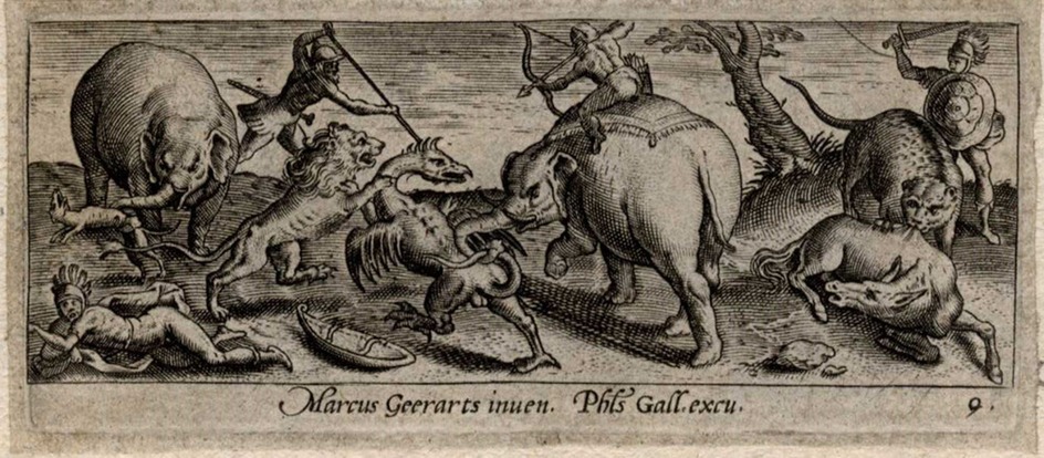 Landscape with hunters, elephants, lion and leopard