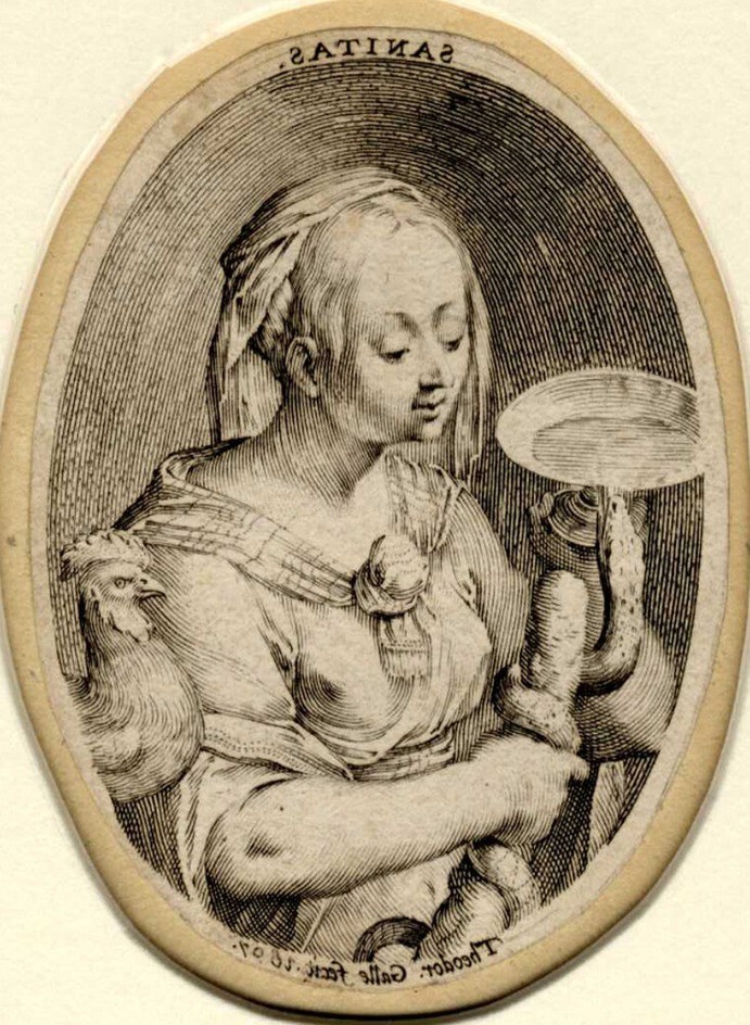 Allegorical female figure with serpent, cup and cock