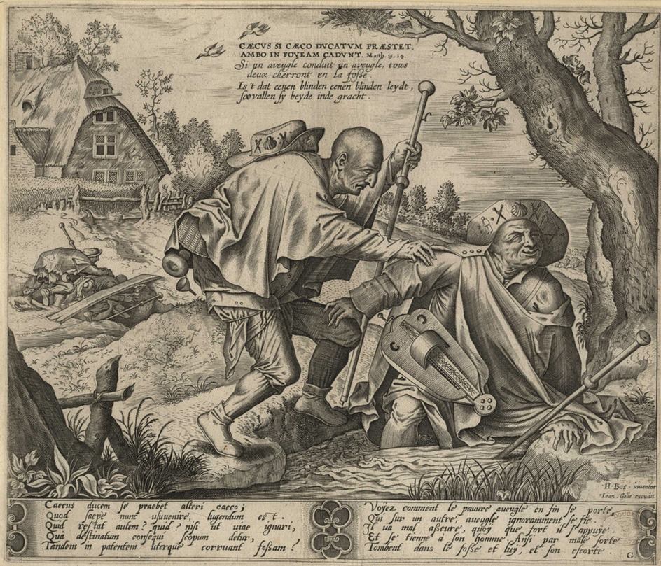 Two blind men, who tumbled into a ditch