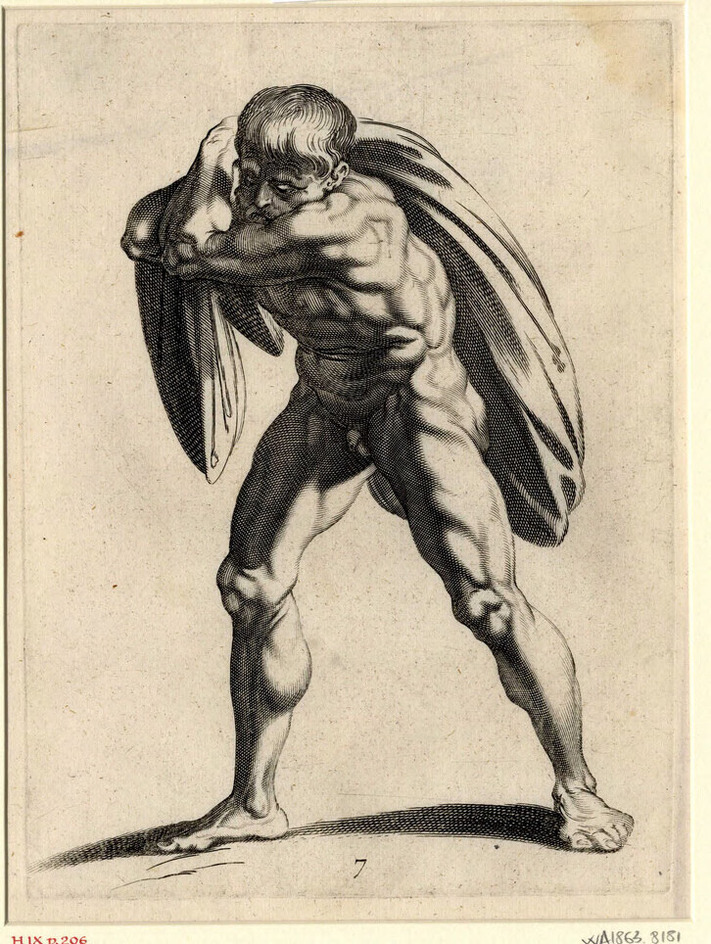 Nude man carrying a sack