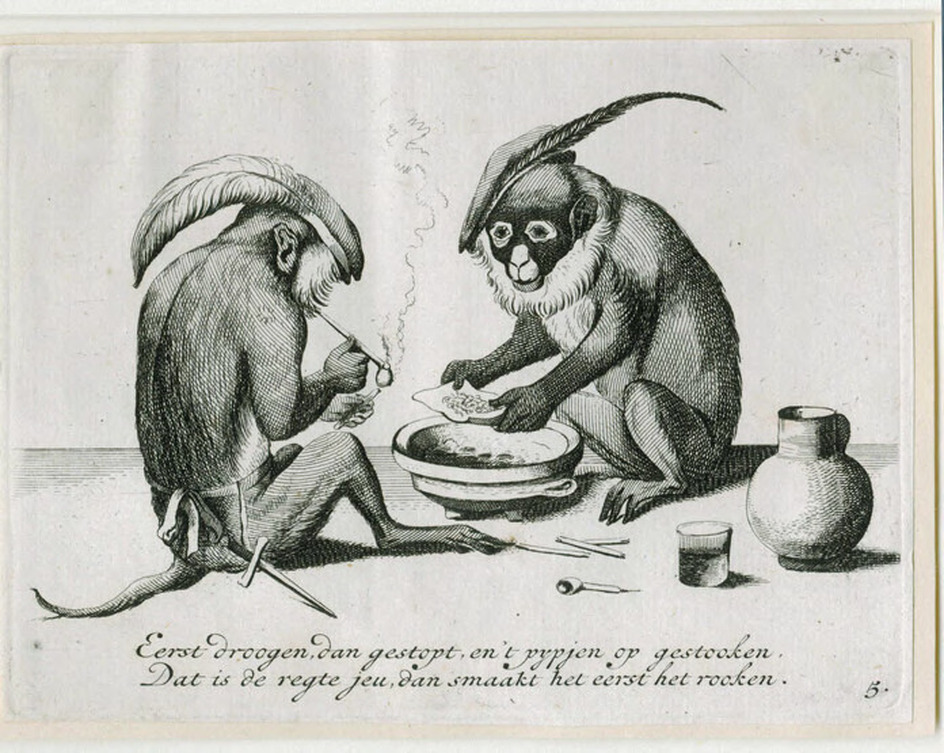 Two apes smoking a pipe