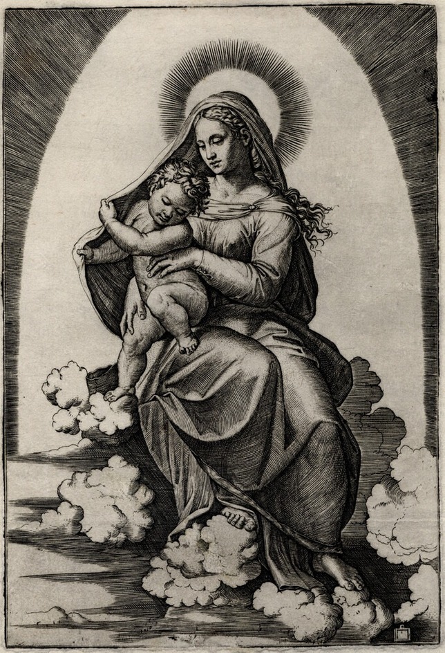 The Virgin and Child seated on clouds