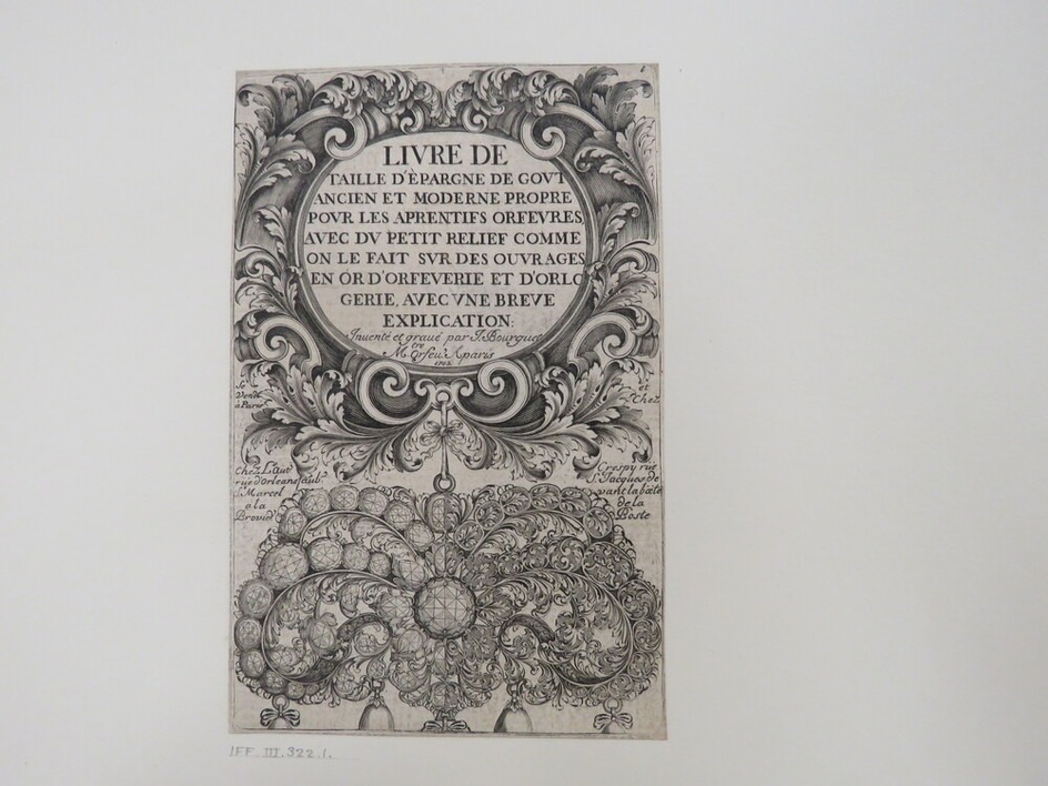 Frontispiece for a series of prints with the title enclosed in a medallion with foliage and a large foliate jewellery design below with gems and hanging pendants, from Douce Ornament Prints Album I