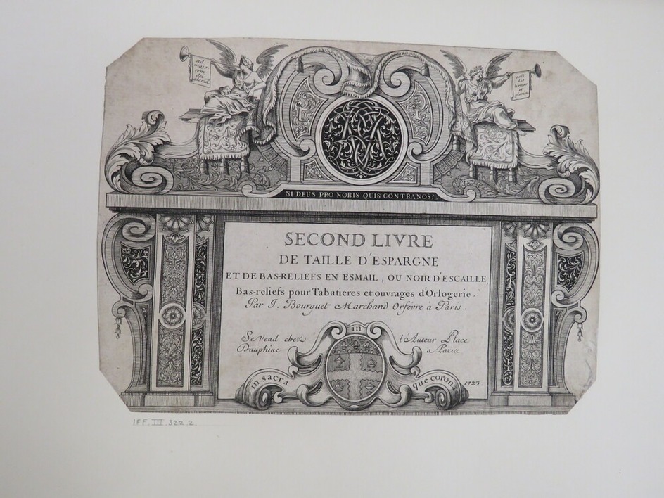 Frontispiece for a series of prints with the title centre surrounded by fireplace design of ornate scroll work and foliage motifs with trumpeting angels at top, from Douce Ornament Prints Album I