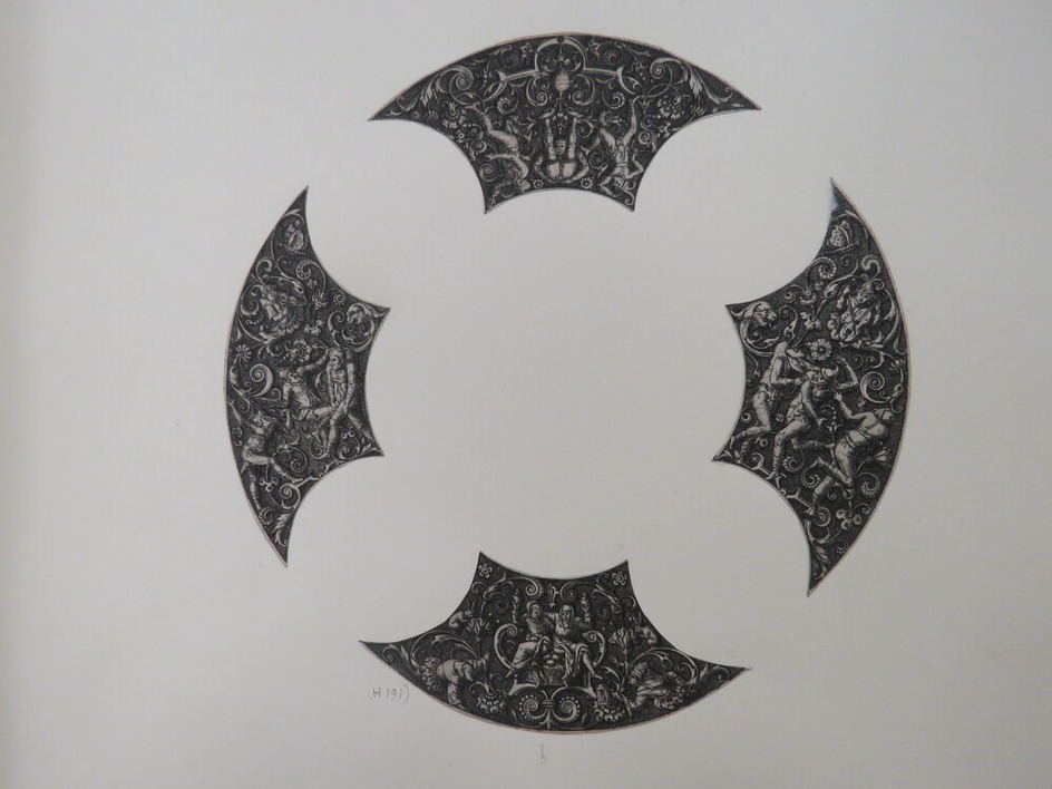 Four ornamental borders, quarter circle, of grotesque figures with foliage and jesters for rims of plates, originally between portrait medallions of Roman emperors, from Douce Ornament Prints Album I