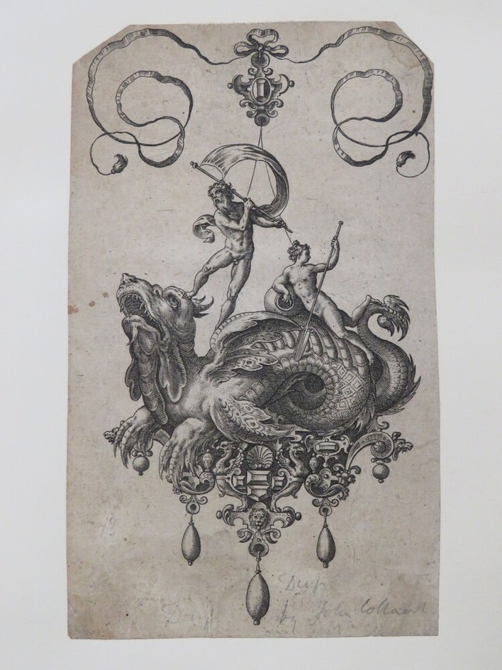Pendant design with a man with a sail standing on the back of sea dragon flanked by a woman holding an oar, with grotesque strapwork below and a ribbon above, from Douce Ornament Prints Album I