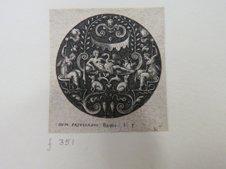Leda with Jupiter as a swan on bed with Castor and Pollux in eggs at their feet, under of a baldachin held by two female figures, surrounded by dogs and birds, from Douce Ornament Prints Album I