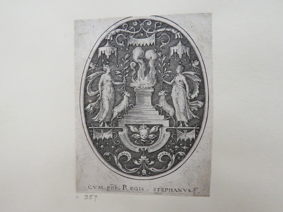 A flaming altar in centre covered by a baldachin, flanked by two women holding olive branches and accompanied by goats, child’s head with wings below altar, from Douce Ornament Prints Album I