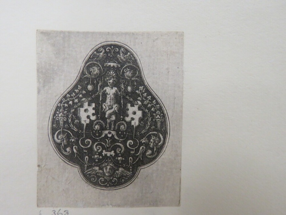 Female satyr with legs crossed at centre holding foliage under a baldachin, surrounded by grotesque garland with birds at top and winged head at bottom, from Douce Ornament Prints Album I
