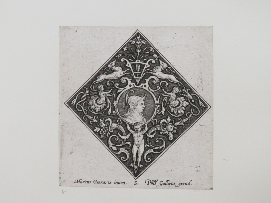 Diamond shaped design with profile bust of female wearing armour inside central circular strapwork medallion, surrounded by grotesque foliage with two deers, , from Douce Ornament Prints Album I