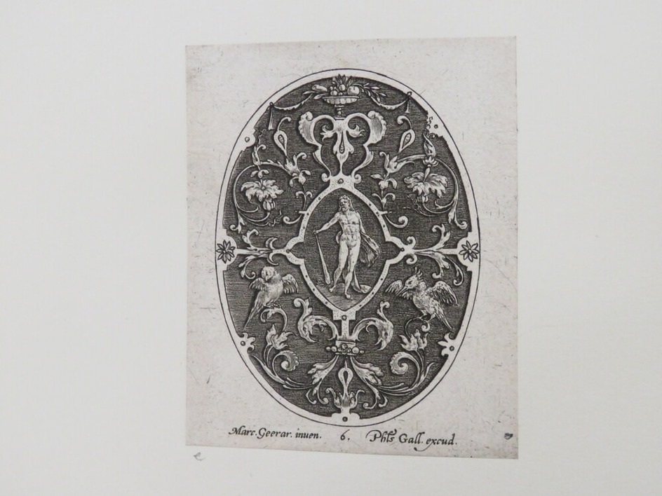 Oval shaped design with Hercules holding a club in centre of strapwork medallion surrounded by grotesque foliage with birds on black ground, from Douce Ornament Prints Album I