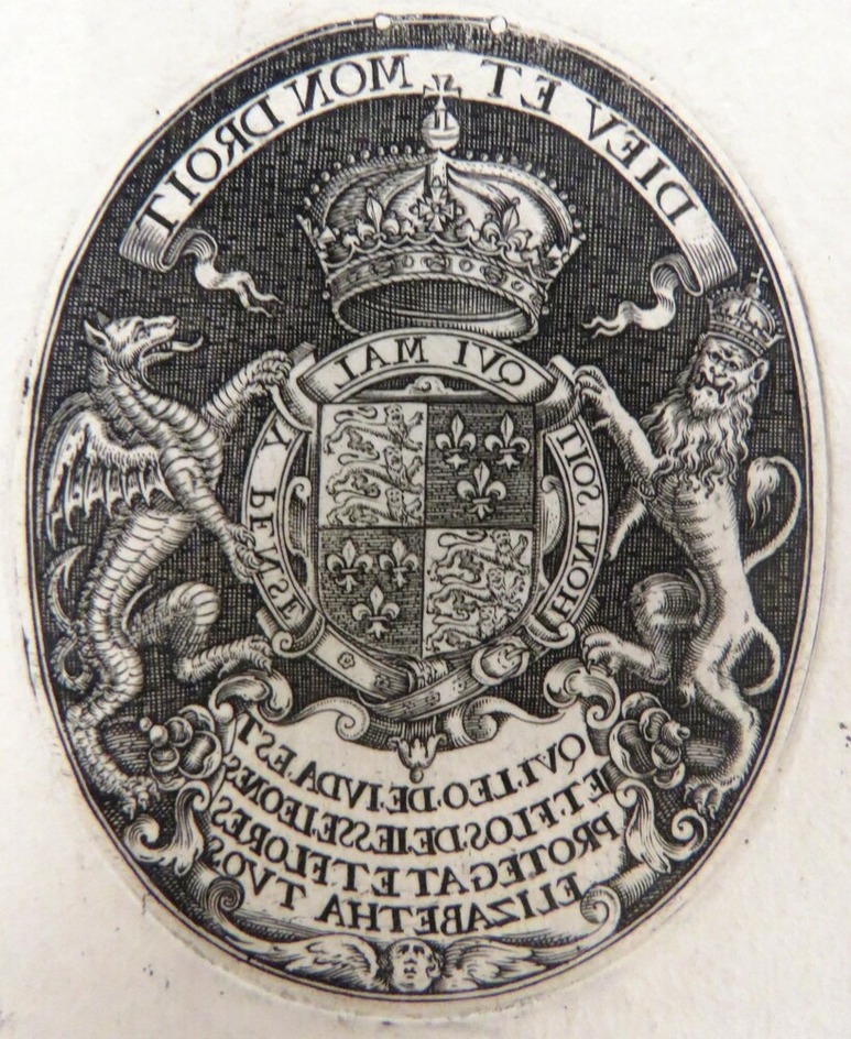 Reverse of medal of Elizabeth I with her coat of arms and inscription in reverse, from Douce Ornament Prints Album I