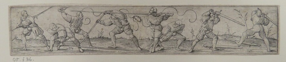Eight lansquenets fencing with spears and swords on a bare landscape with small flowers, from Douce Ornament Prints Album I