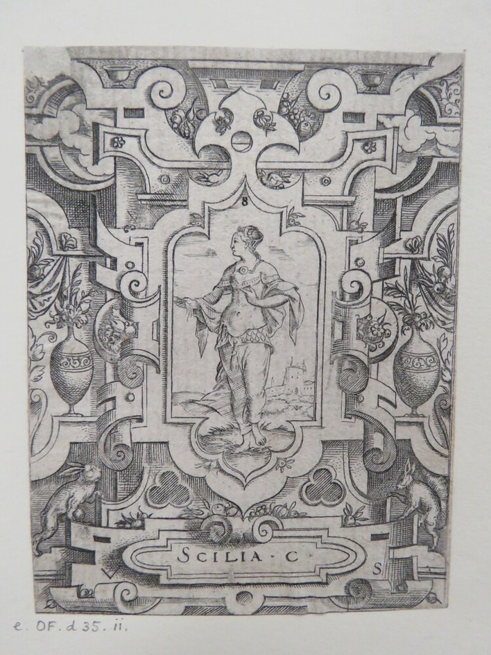 Scylla at centre in strapwork cartouche surrounded by strapwork with clouds behind, vases with foliage, and curtains, and two rabbits at base, from Douce Ornament Prints Album I