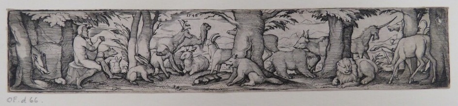 Frieze with Orpheus sitting in forest playing music to the animals that surround him, including exotic animals like a unicorn, lion, and camel, from Douce Ornament Prints Album I