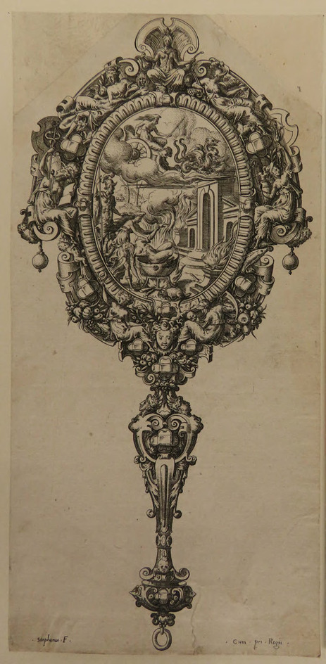 Design for a mirror: richly ornate mirror with central scene representing Jason and Medea, who is throwing Pelias into a pot, from Douce Ornament Prints Album II
