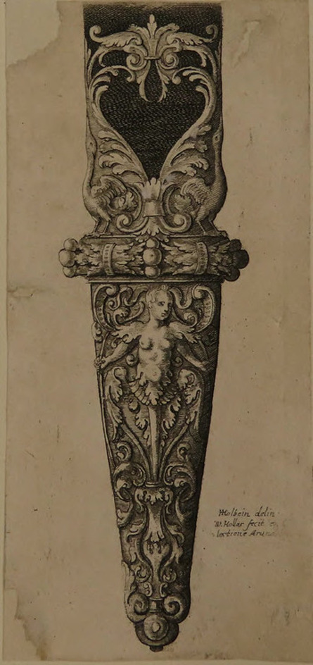 Design for the lower portion of a scabbard, with foliate design with the naked upper body of a woman, from Douce Ornament Prints Album II