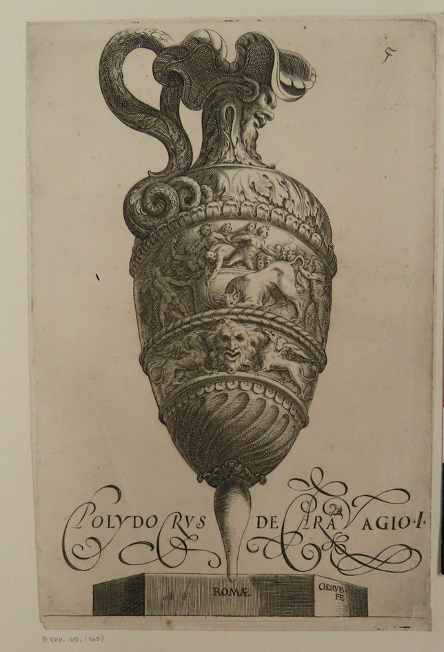 Plate 5: A vase decorated with frieze showing people sacrificing a bull, with mask and winged creatures, from a series of ten prints after Polidoro da Caravaggio, from Douce Ornament Prints Album II