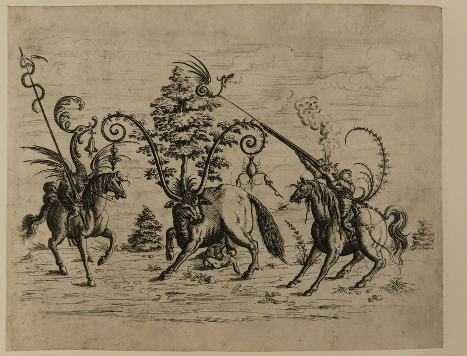 Landscape with a horned cow carrying a large tree between two fantastic creatures on horseback, from Douce Ornament Prints Album II