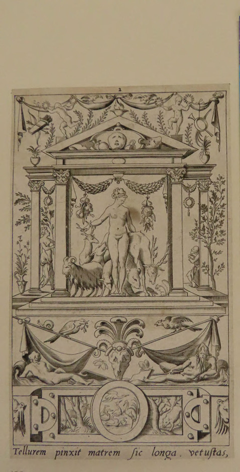 Plate 2: Cybele in a temple, surrounded by animals, a frieze with forest animals at bottom, a cartouche with ducks and cranes at centre, from Douce Ornament Prints Album II