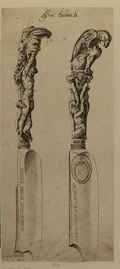 Two designs for knife handles composed of grotesques and naked male figures, after Cherubino, from Douce Ornament Prints Album II