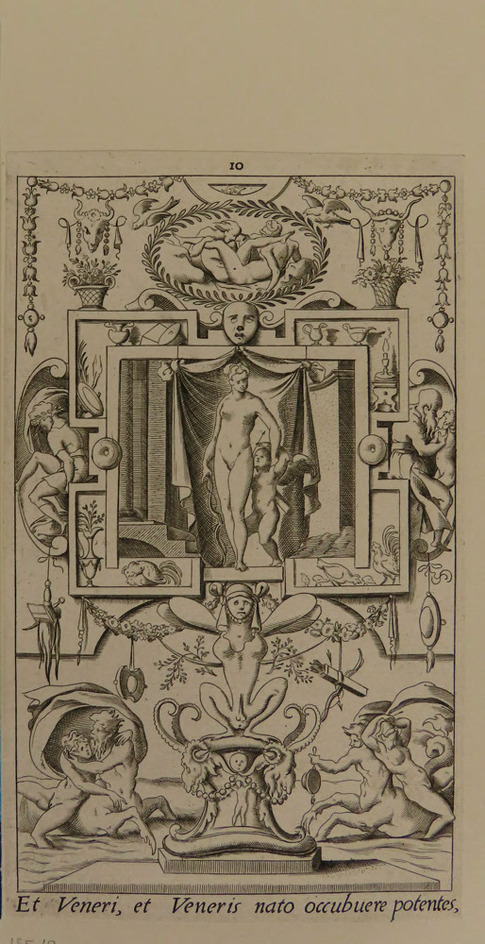 Plate 10: Venus and Cupid within a rectangular frame, a winged creature on a pedestal between centaurs carrying women, from Douce Ornament Prints Album II