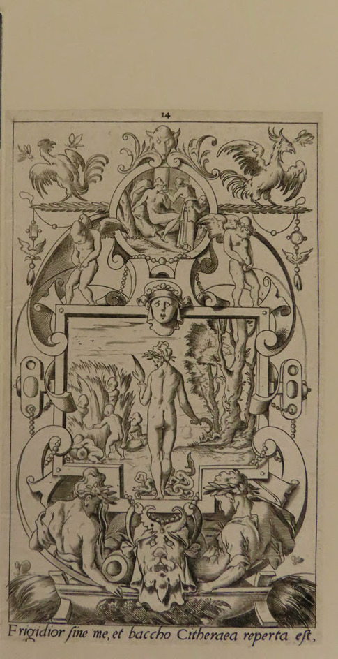 Plate 14: Ceres holding a billhook and trampling a snake's nest within a square frame, putti harvesting at left, a landscape in the back, from Douce Ornament Prints Album II