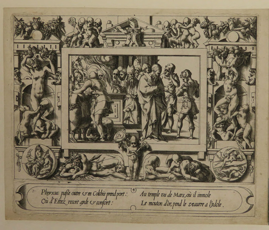 Plate 4: Phrixus offering the golden ram to Zeus, the sacrificed animal seen on the right, from Douce Ornament Prints Album II