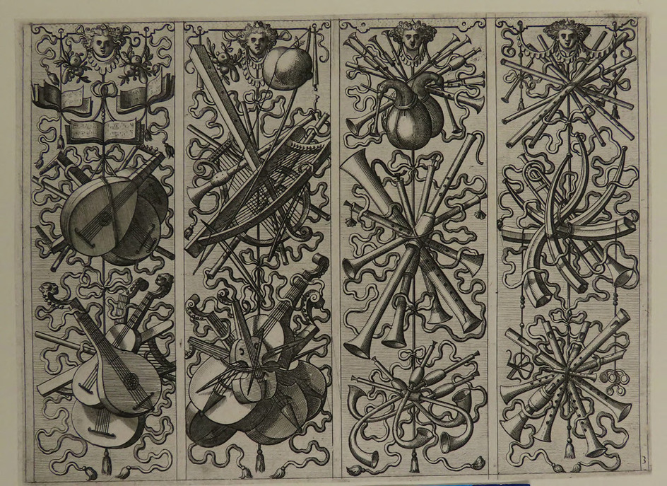 Plate 3: Four trophies of music books and instruments, from Douce Ornament Prints Album II
