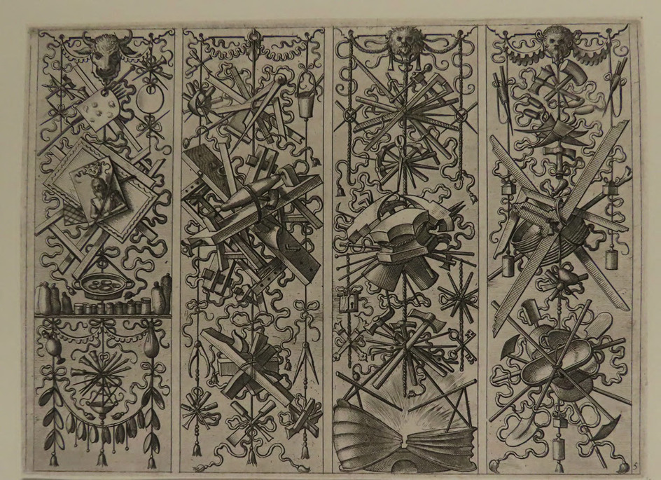 Plate 5: Four trophies of painting tools and carpenter's tools, from Douce Ornament Prints Album II