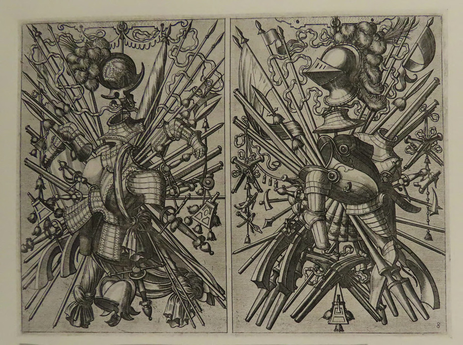 Plate 8: Two trophies consisting of weapons, armours and helmets, from Douce Ornament Prints Album II
